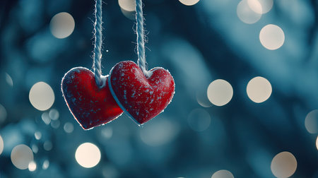 Two vibrant red hearts hang from delicate strings against a dreamy bokeh background, evoking feelings of love and warmth perfect for romantic occasions.の素材
