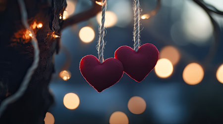 Two handmade red hearts dangle from a tree branch, illuminated by soft bokeh lights. This cozy and romantic scene evokes feelings of love and warmth.の素材