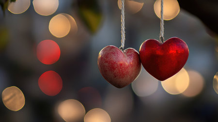 Two colorful hearts hang from a string against a softly blurred background of lights, evoking feelings of love, warmth, and celebration in a romantic setting.の素材