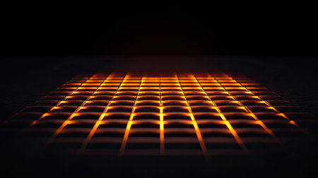 This abstract image features a digital grid with a warm glow, showcasing wave patterns that create a captivating visual effect. Ideal for tech-related projects.の素材