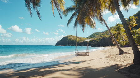 A tranquil beach scene featuring a wooden swing among palm trees, waves gently lapping the shore, and a clear blue sky, perfect for relaxation and escape.の素材