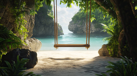 Experience a peaceful escape with a wooden swing overlooking a stunning tropical beach, framed by lush greenery and gentle waves, perfect for relaxation.の素材