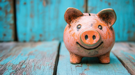 A charming pink piggy bank with a smiling face sits on a rustic wooden surface, embodying the spirit of saving and childhood joy in a vibrant setting.の素材