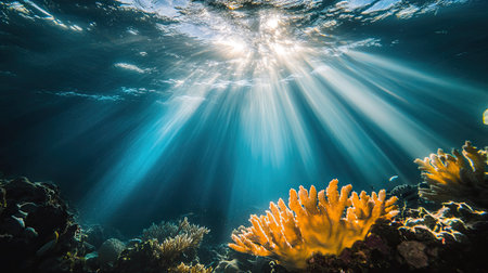 Explore the mesmerizing underwater scene featuring vibrant coral and rays of sunlight streaming through the crystal-clear ocean water, showcasing nature's beauty.の素材