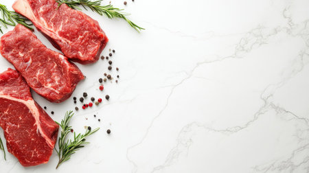 This vibrant image showcases fresh raw beef steaks accompanied by rosemary and spices, perfect for culinary projects and food preparation themes.の素材