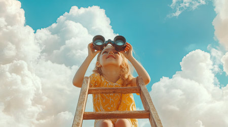 A joyful child sits on a wooden ladder, gazing through binoculars towards a blue sky filled with fluffy clouds, embodying adventure and imagination.の素材