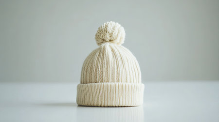This image showcases a cozy cream knit beanie featuring a pom pom, perfectly styled on a simple background, ideal for winter fashion and lifestyle themes.の素材