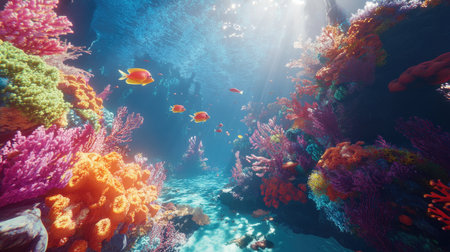 Dive into a vibrant underwater scene filled with colorful coral reefs and lively tropical fish. This tranquil marine environment showcases stunning biodiversity and natural beauty.の素材