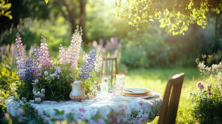 A charming outdoor table setting adorned with vibrant flowers, bathed in warm sunlight. Perfect for summer gatherings and peaceful moments in nature.の素材