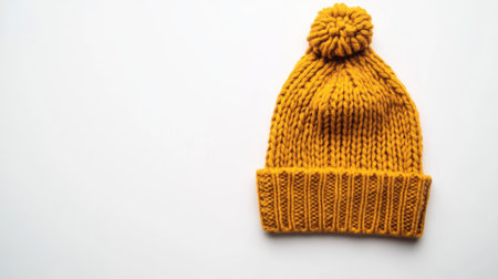 This image features a cozy yellow knit beanie hat with a playful pom pom on top, set against a clean white background, perfect for cold weather styling.の素材