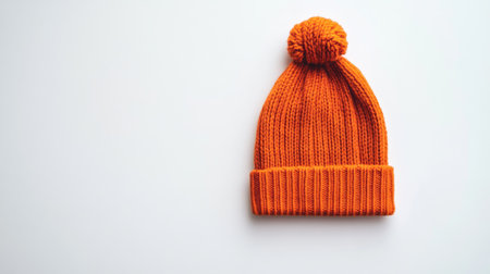 A bright orange knit beanie with a playful pom pom sits on a light background, perfect for winter fashion and cozy styles. Ideal accessory for chilly days.の素材