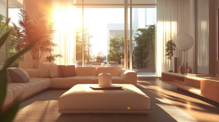 A modern living room bathed in warm sunlight showcasing elegant furniture and lush greenery. Perfect for creating a cozy and inviting atmosphere.の素材