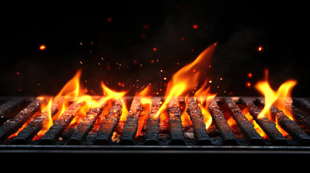 Dynamic flames rise from a metal grill, showcasing an intense heat atmosphere ideal for cooking. The vibrant light and energy create a captivating view.の素材