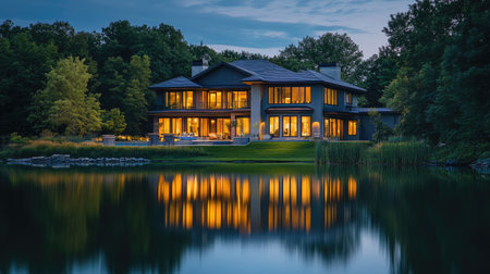 A stunning modern home illuminated at dusk, reflecting beautifully on a tranquil lake. This image showcases serene architecture amidst peaceful nature.の素材