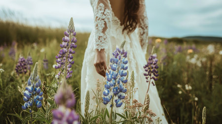 A beautiful bride in a lace wedding dress stands gracefully in a vibrant wildflower field, capturing a serene moment surrounded by nature's colorful blooms.の素材