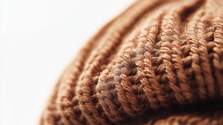 A close-up image showcasing the intricate texture of knitted fabric in a warm brown hue, ideal for fashion, textile, and cozy design themes.の素材