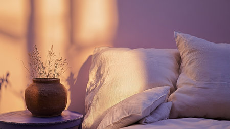 A cozy indoor space featuring soft pillows and a rustic pottery vase. The warm light creates an inviting atmosphere, enhancing relaxation and comfort.の素材