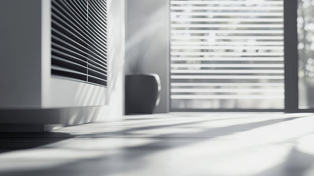 A serene interior scene showcasing light and shadows from blinds. The modern heater complements minimalist design, creating a warm, inviting atmosphere perfect for relaxation.の素材