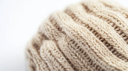 This close-up image showcases a cozy beige knit hat, perfect for winter. The textured patterns highlight the craftsmanship, offering warmth and style.の素材