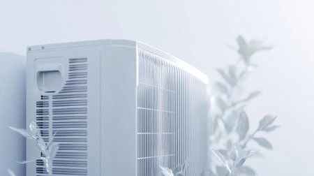 This image showcases a modern air conditioning unit complemented by indoor plants, creating a bright and refreshing atmosphere. Ideal for home and design themes.の素材