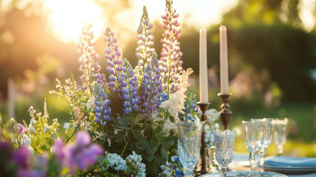 A beautiful summer outdoor table setting featuring vibrant flowers, elegant glassware, and soft candlelight, creating a perfect ambiance for gatherings and celebrations.の素材
