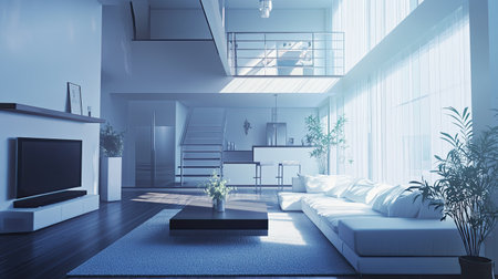Bright and spacious modern living room featuring stylish furniture and natural light. The open layout provides a cozy and inviting atmosphere with decorative plants.の素材