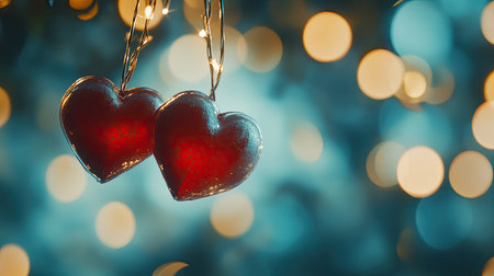 Two red heart ornaments hang gracefully with soft bokeh lights in the background, creating a warm and romantic atmosphere perfect for celebrations.の素材