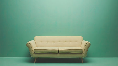 A cozy mid-century sofa in a soft teal setting, perfect for enhancing stylish interiors and adding a touch of warmth and comfort to living spaces.の素材