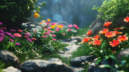 A stunning pathway lined with colorful flowers creates a serene atmosphere in this natural garden setting, filled with vibrant blooms and lush greenery.の素材
