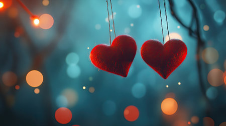 Two soft red hearts dangle gracefully against a dreamy, glowing backdrop, creating a romantic atmosphere filled with charm and warmth for celebrating love.の素材