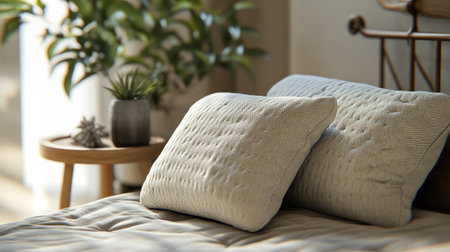 A cozy bedroom scene featuring soft pillows on an inviting bed, enhanced by natural decor elements and gentle sunlight. Perfect for relaxation.の素材