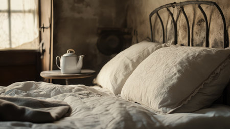 A cozy bed adorned with soft pillows invites relaxation in a tranquil room, complete with a vintage teapot and an inviting atmosphere perfect for restful moments.の素材