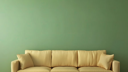 A cozy yellow sofa is set against a soft green wall, creating a modern and inviting atmosphere. Perfect for enhancing interior design aesthetics.の素材