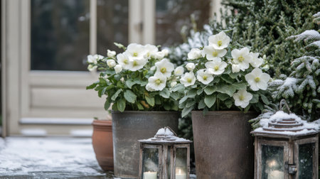 A serene winter garden featuring beautiful white flowers in rustic pots, surrounded by snow. Lanterns add a cozy touch to the inviting outdoor scene.の素材