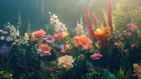 This enchanting floral scene showcases a variety of colorful flowers blooming in a serene garden setting, illuminated by soft sunlight for a magical ambiance.の素材
