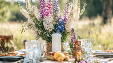 A beautiful outdoor table setting featuring vibrant flowers in an elegant arrangement. Perfect for summer gatherings, picnics, or celebrations in nature.の素材