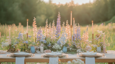 Beautifully arranged table setting with vibrant flowers and soft candlelight in a serene outdoor field, perfect for gatherings and celebrations.の素材