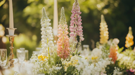 Stunning floral arrangement showcasing colorful lupins and delicate blooms, creating a vibrant centerpiece for a spring outdoor table setting. Perfect for celebrations.の素材