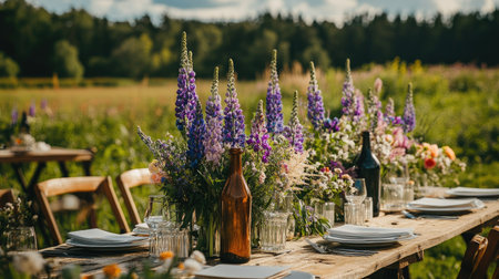 A beautiful outdoor dining arrangement showcases a rustic table adorned with colorful flowers, glassware, and scenic surroundings, perfect for celebrations.の素材