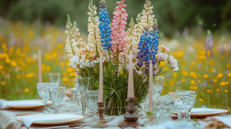 A beautifully arranged outdoor dining table showcases vibrant flowers and elegant candles, creating a serene atmosphere for gatherings in nature.の素材