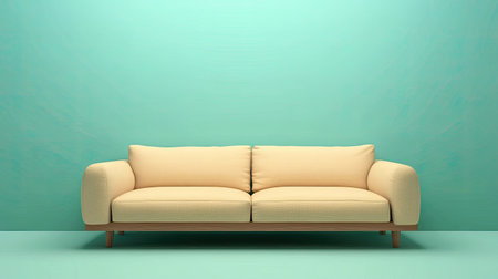 A modern minimalist sofa in a soft turquoise setting, highlighting simplicity and comfort. Ideal for concepts of relaxation and stylish living.の素材