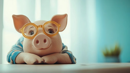 A delightful and whimsical portrait of a cute pig wearing glasses and a cozy sweater. The charming animal rests its head on the table, exuding a playful and friendly personality.の素材