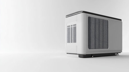 This image features a modern air conditioning unit placed against a minimalist white background, highlighting its sleek design and functionality for home comfort.の素材