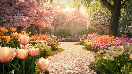 A picturesque pathway meanders through a vibrant spring garden, adorned with blooming flowers and lush greenery, creating a serene and tranquil atmosphere.の素材