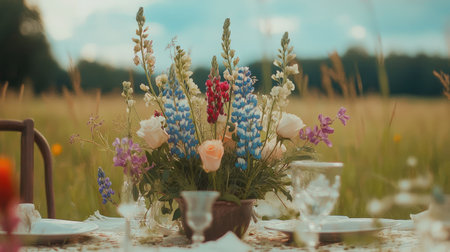 A stunning floral arrangement adorns a rustic table set in a serene open field. Vibrant colors and fresh blossoms create a tranquil atmosphere, perfect for summer gatherings.の素材