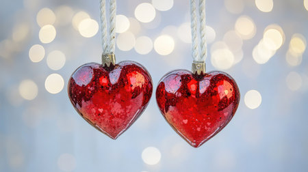 Two shiny red heart ornaments hang elegantly against a blurred lights background, symbolizing love and celebration. Perfect for holiday themes.の素材