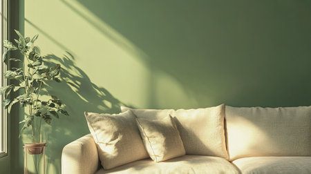 A cozy living room scene featuring a soft sofa against a green wall. The sun casts beautiful shadows, enhancing the serene ambiance with a plant nearby.の素材