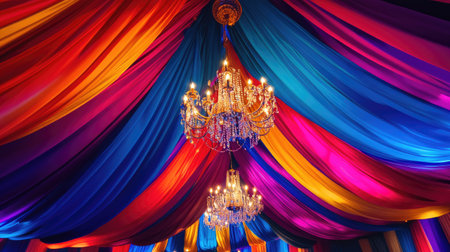 A stunning display of colorful drapery combined with elegant chandeliers, creating a vibrant atmosphere perfect for festive events and celebrations.の素材