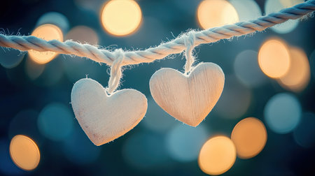 Two decorative wooden hearts hang from a rope, creating a charming scene. The soft bokeh background adds warmth and romance, perfect for celebrations.の素材