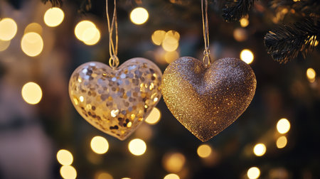 Heart-shaped ornaments shimmer beautifully against a backdrop of glowing Christmas lights, creating a magical holiday atmosphere perfect for festive celebrations.の素材